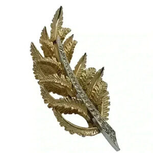 Gold & Rhinestone figural Leaf Brooch Signed ART vintage Silver stem fancy 3D